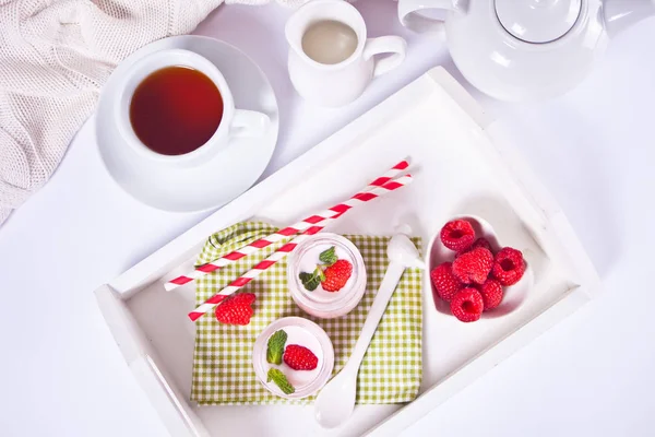 Two Portions Natural Homemade Yogurt Glass Jar Fresh Raspberry Breakfast — Stock Photo, Image