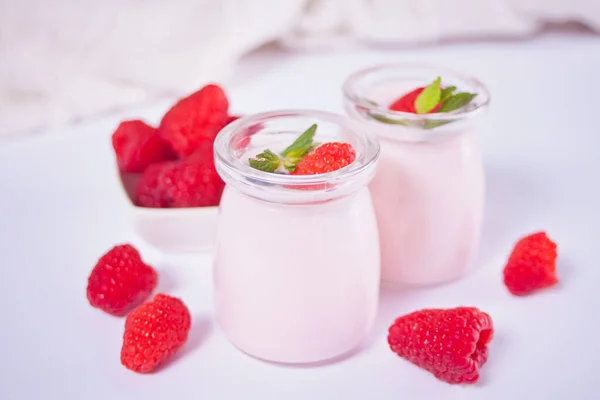 Zwei Portionen Hausgemachter Naturjoghurt Einem Glas Mit Frischen Himbeeren Frühstückskonzept — Stockfoto