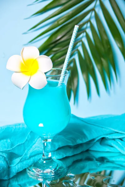 异国情调的热带蓝库拉考鸡尾酒饮料 在棕榈叶下 配上乳香花酒杯 — 图库照片