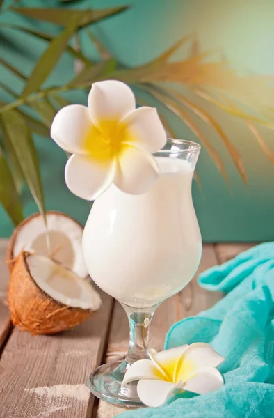 Traditional Caribbean Exotic Tropical Cocktail Drink Pina Colada Glasses Plumeria — 스톡 사진