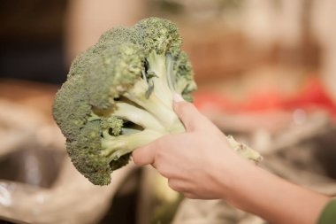 Genç bir kadın markette sağlıklı yiyecek alışverişi yapıyor. Brokoli tutan kadın elleri. Sağlıklı gıda kavramı