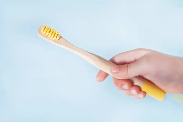 Kid Little Girl Holding Hand Eco Bamboo Colorful Toothbrush Blue — Stock Photo, Image