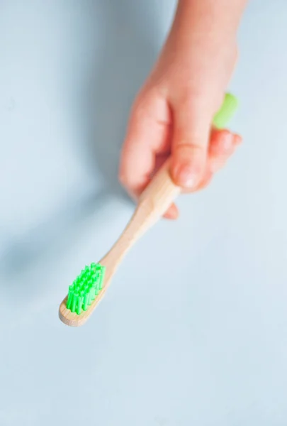 Kid Little Girl Holding Hand Eco Bamboo Colorful Toothbrush Blue — Stock Photo, Image