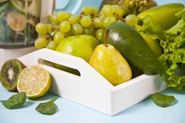 Composition Assorted Raw Organic Green Vegetables Friuts White Wooden Tray — Stock Photo, Image