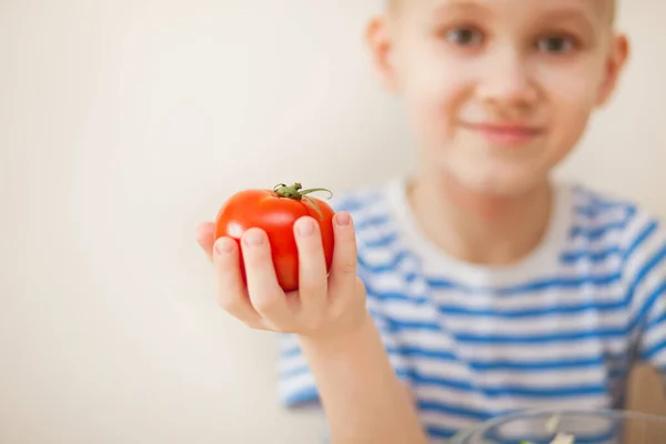 Ragazzo Sorridente Felice Che Tiene Verdure Pomodoro Insalata Cucina Casa — Foto Stock