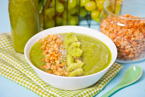 Verse Blended Groene Smoothie Kom Met Muesli Chia Zaden Gezondheids — Stockfoto