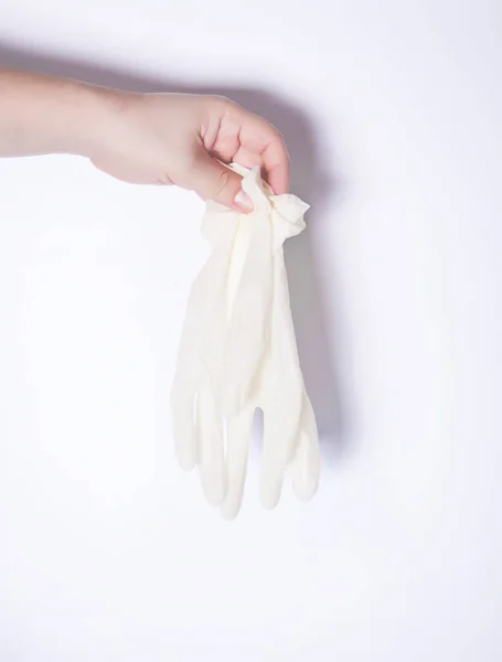 Man Hand Holding Protective Rubber Gloves Protection Contagious Disease Coronavirus — Stock Photo, Image