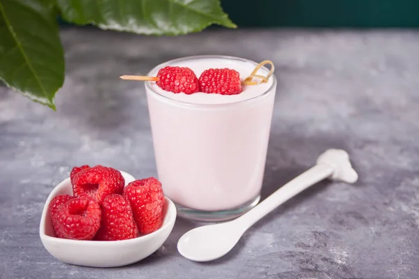 Zwei Portionen Hausgemachter Naturjoghurt Einem Glas Mit Frischen Himbeeren Frühstückskonzept — Stockfoto