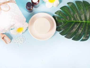 Bakım, güzellik ve kaplıca konsepti. Organik sabun ve yağlı küçük şişeler, beyaz havlu, palmiye yaprağı. Uzayı kopyala Üst görünüm