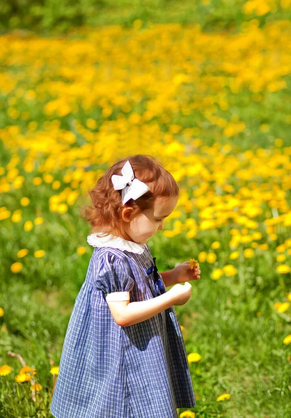 Çiçekli Bir Tarlada Elinde Karahindiba Olan Küçük Bir Kız Retro — Stok fotoğraf