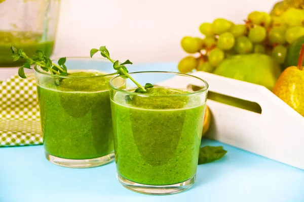 Verse Blended Groene Smoothie Glazen Met Groenten Fruit Achtergrond Gezondheids — Stockfoto