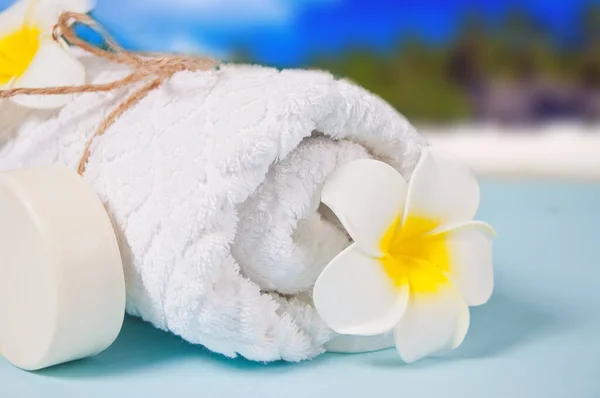Pflege Schönheit Und Wellness Konzept Bio Seife Weißes Handtuch Plumeria — Stockfoto