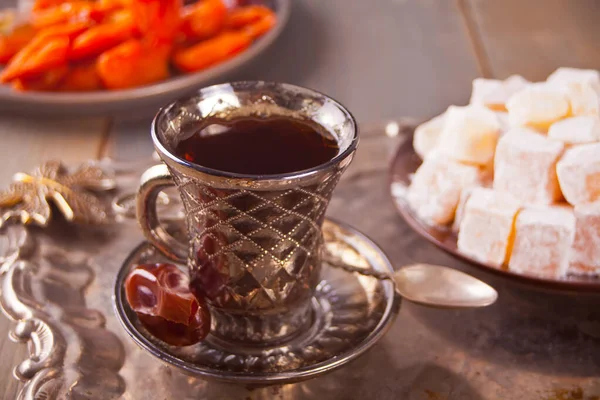 Turkish Tea Cup Sweets Metal Tray Oriental — Stock Photo, Image