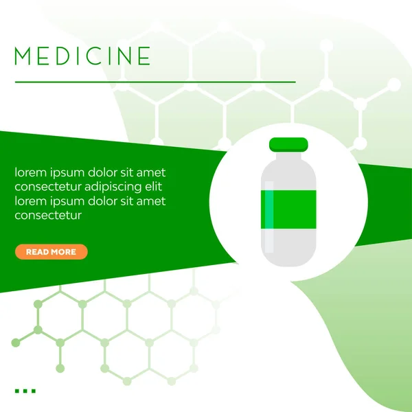 薬のテーマポスターテンプレートに緑の薬瓶 — ストックベクタ