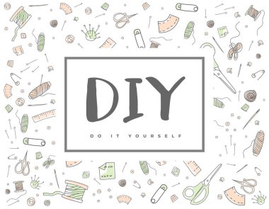 DIY konsepti: iplik, iğne, cetvel, makas, iğne, yüksük, düğme