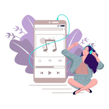 Kız telefon vektörü illüstrasyonundan müzik dinliyor 