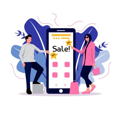 Genç adam ve kız akıllı telefondan, internetten, satıştan alışveriş yapıyorlar..