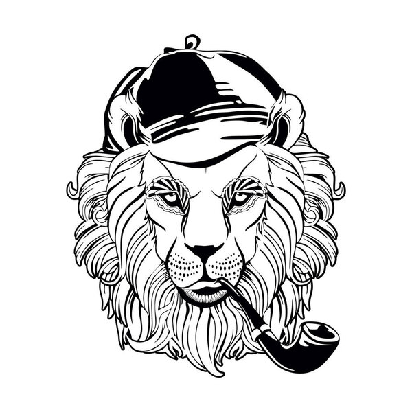 Lion hat and with a pipe. Lion head on a white background.