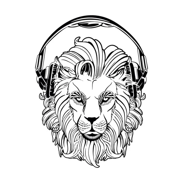 Λιοντάρι Στα Ακουστικά Κεφάλι Λιονταριού Λευκό Φόντο — Διανυσματικό Αρχείο