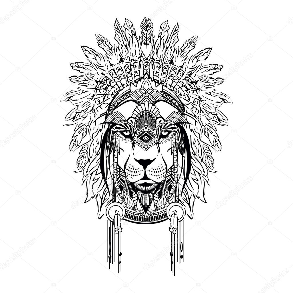 Lion head , a lion in the feathers of an Indian, an american native. on a white background