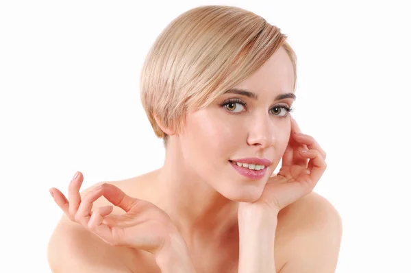 Vacker ung kvinna med ren fräsch hud beröra eget ansikte — Stockfoto