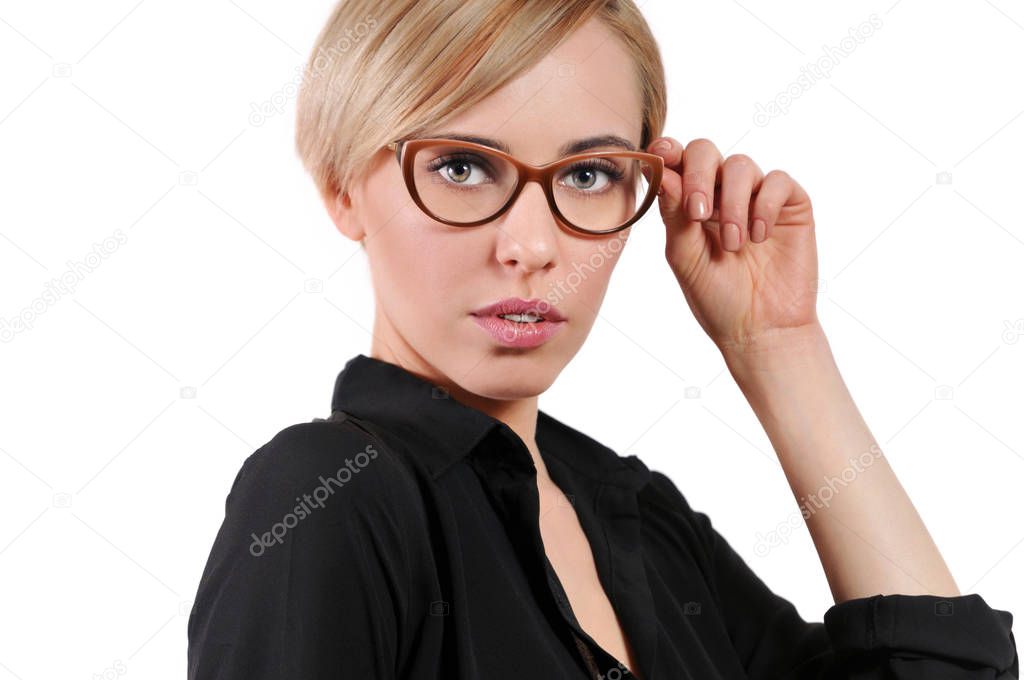 Young beautiful blonde woman adjust trendy glasses