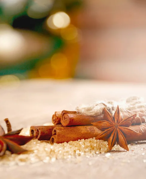 Close-up still-life of cinnamon and star anise on wooden boards background — Stock Photo, Image