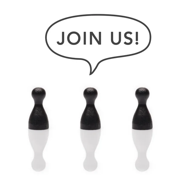 Black pawns say "join us!" text balloon — Stock Photo, Image