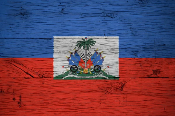 Haiti national flag coat arms painted old oak wood — Stock Photo, Image