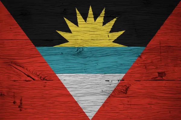 Antigua and Barbuda national flag painted old oak wood — Stock Photo, Image