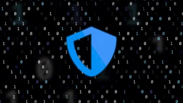 Koncept för datasäkerhet med dator bitar och blå sköld symbol — Stockvideo