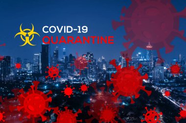 Coronavirus temalı çizim, büyük şehir Bangkok 'ta gece vakti. Modern kasaba manzarası. COVID-19 kendini izole etme ve karantina kavramı.