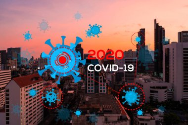 Coronavirus temalı çizim büyük şehir Bangkok şehir manzarası günbatımında. Modern kasaba manzarası. COVID-19 kendini izole etme ve karantina kavramı.