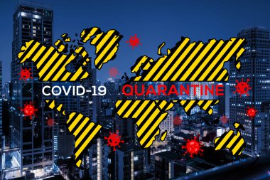 Dünya haritası ve Coronavirus temalı çizim büyük şehir Bangkok 'ta gece vakti. Modern kasaba manzarası. COVID-19 kendini izole etme ve karantina kavramı.