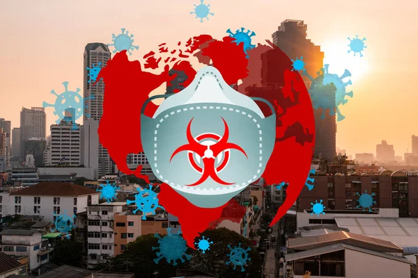 Maschera respiratore viso e tema Coronavirus disegno sopra grande città Bangkok tramonto paesaggio urbano. Moderna vista sulla città. COVID-19 concetto di autoisolamento e quarantena . — Foto Stock