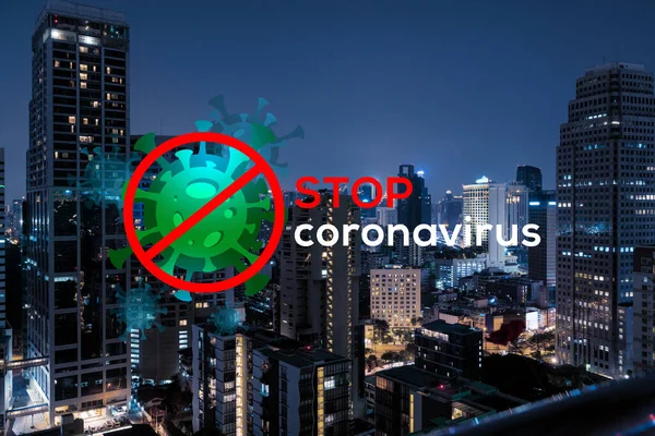 Coronavirus thema tekening over de grote stad Bangkok stadsgezicht 's nachts. Modern uitzicht op de stad. COVID-19 concept van zelfisolatie en quarantaine. — Stockfoto