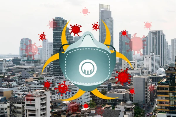 Gezichtsmasker tekening over grote stad Bangkok stadsgezicht dag tijd. Moderne wolkenkrabbers panorama. COVID-19 concept van zelfisolatie en quarantaine. — Stockfoto