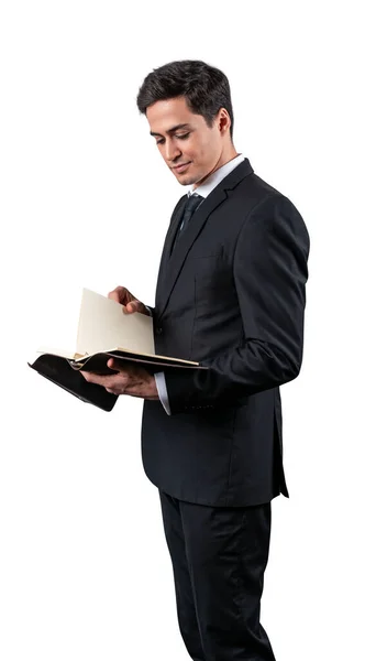 Hombre guapo de pie leyendo el libro. Aislado — Foto de Stock