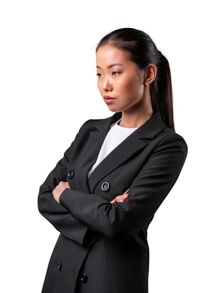 Confiant asiatique femme en costume noir, isolé sur blanc . — Photo