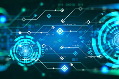 Devre kartının hologramı. Elektronik bilgisayar donanım teknolojisi. Bilgi mühendisliği bileşeni kavramı. 3d oluşturma