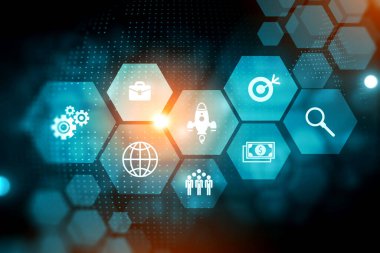 Karanlık arka planda araştırma ve geliştirme simgesi. İş dünyasındaki yenilik kavramı. 3d oluşturma