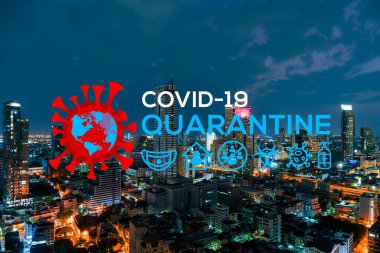 Coronavirus temalı çizim, büyük şehir Bangkok 'ta gece vakti. Modern kasaba manzarası. COVID-19 kendini izole etme ve karantina kavramı.