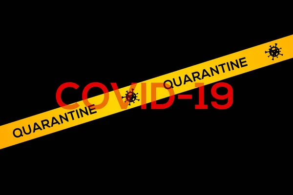 Virus Covid-19. Waarschuwing coronavirus quarantaine banner met gele strepen. Zwarte achtergrond BLIJF HOME biohazard concept. 3d destructie — Stockfoto