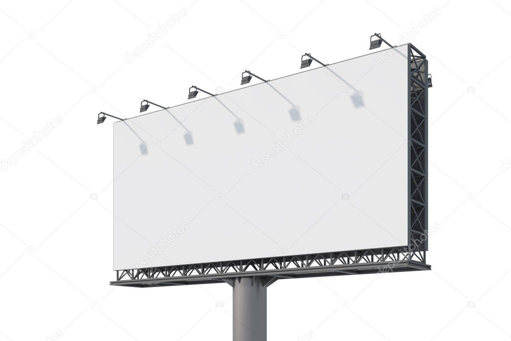 Blank billboard template in white space. Street outdoor advertising. Isolated. Mock up. 3d rendering. Side view.
