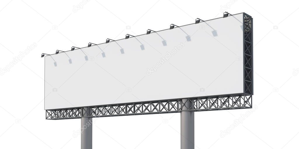 Blank billboard template in white space. Street outdoor Ad. Isolated. Mock up. 3d rendering. Side view.
