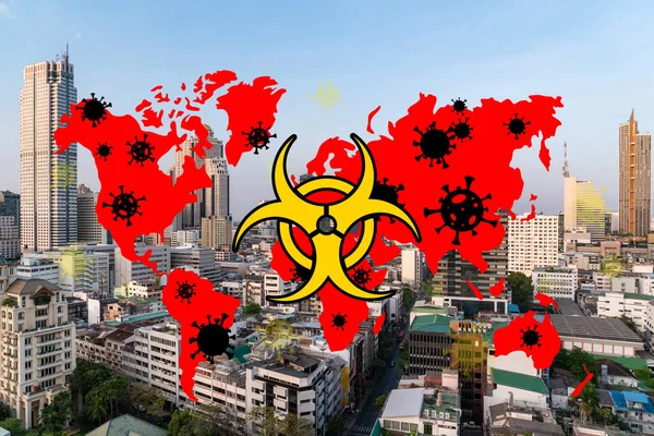 Världskarta med coronavirus tema teckning över storstaden Bangkok stadsbild dag tid. Moderna skyskrapor panorama. COVID-19 självisolering och karantän. — Stockfoto