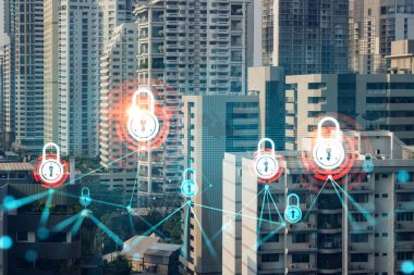 Kilit çizimi ile büyük şehir manzaralı günbatımı şehir manzarası. Veri güvenliği kavramı. Çoklu pozlama