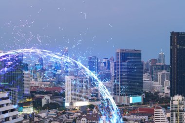 Bangkok şehri ve teknolojisi Hud 'a çoklu pozlama çekiyor. Gün batımı.