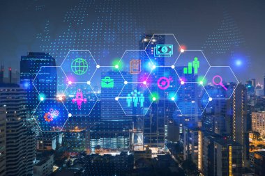 Araştırma ve Geliştirme temalı büyük şehir manzaralı gece manzarası hologram çiziyor. Veri kavramı. Çoklu pozlama