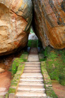 Sri Lanka 'da, Sigiriya' da iki dev kaya arasındaki merdiven.